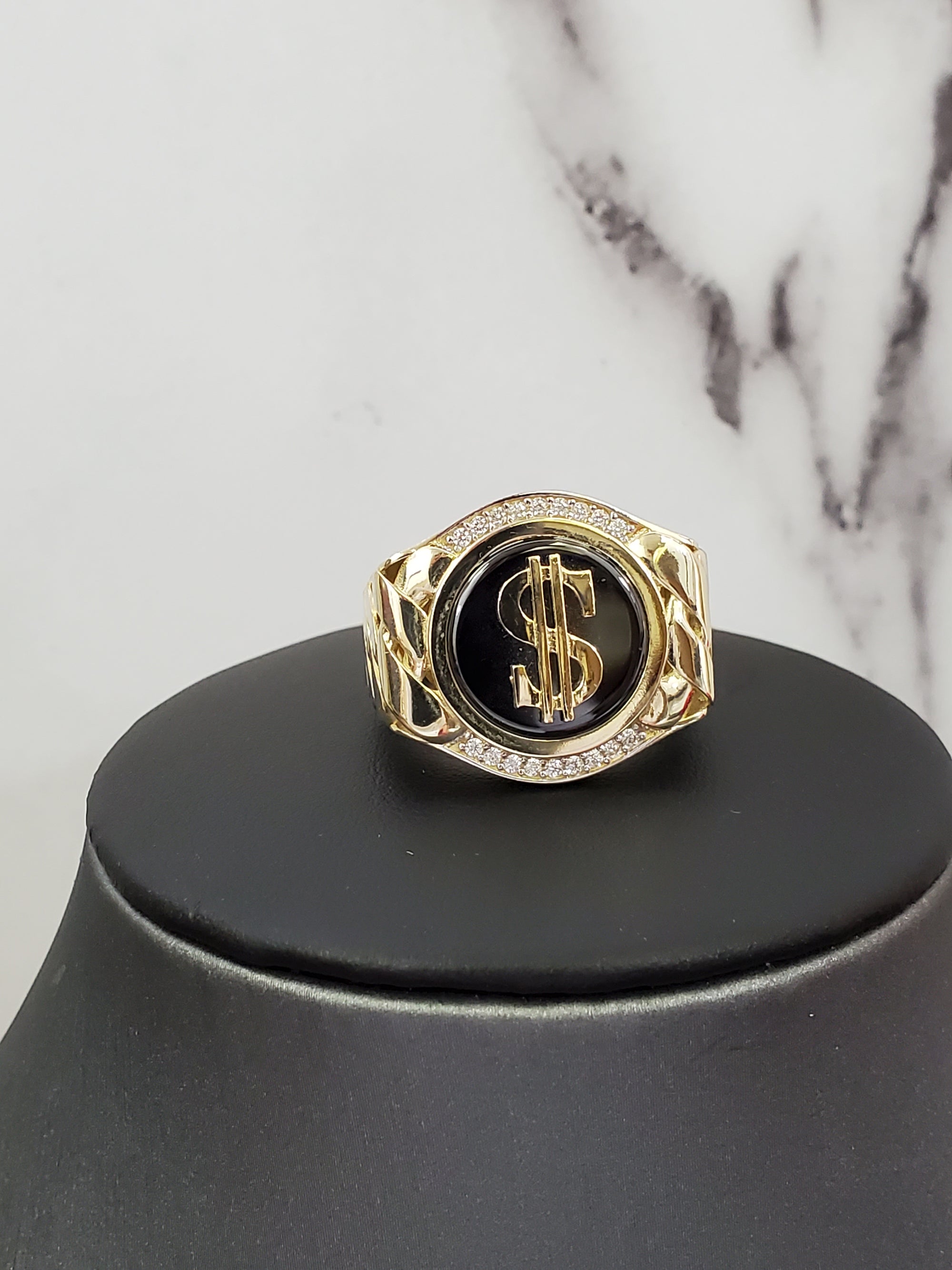 10K Solid Yellow Gold Black Onyx Dollar sign Round Cz Men's Ring