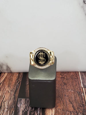 10K Solid Yellow Gold Black Onyx Dollar sign Round Cz Men's Ring