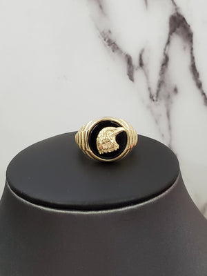 10K Solid Yellow Gold Black Onyx Round Eagle Men's Ring