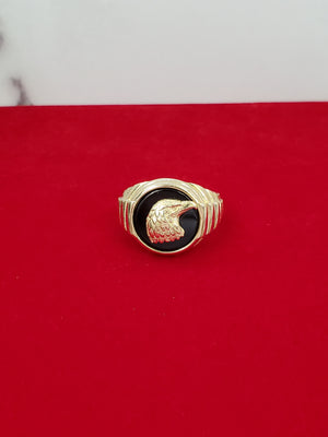 10K Solid Yellow Gold Black Onyx Round Eagle Men's Ring
