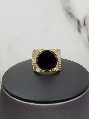 10K Solid Yellow Gold Round Fancy Black Onyx Cz Men's Ring