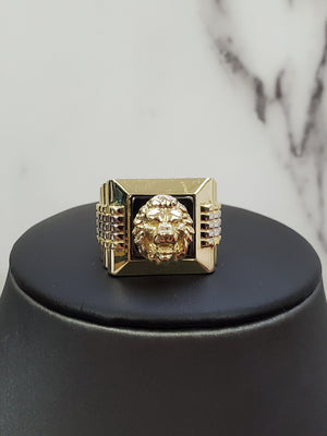 10K Solid Yellow Gold Square Black Onyx Lion Face Men's Ring