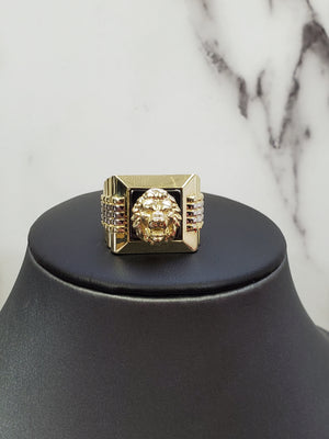 10K Solid Yellow Gold Square Black Onyx Lion Face Men's Ring