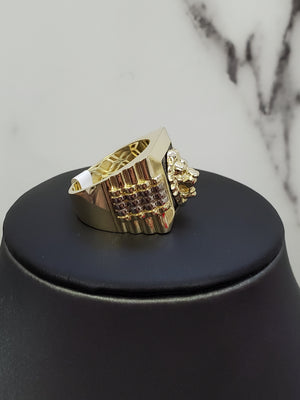 10K Solid Yellow Gold Square Black Onyx Lion Face Men's Ring