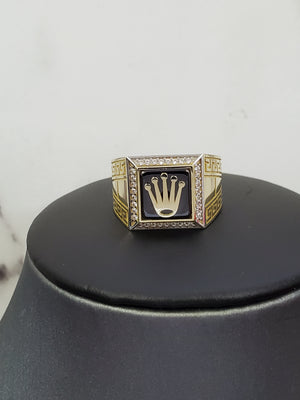 10K Solid Yellow Gold Cz Square Fancy Black Onyx Crown Men's Ring