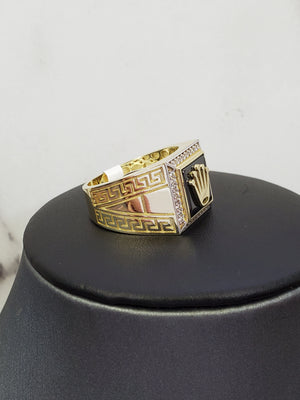 10K Solid Yellow Gold Cz Square Fancy Black Onyx Crown Men's Ring
