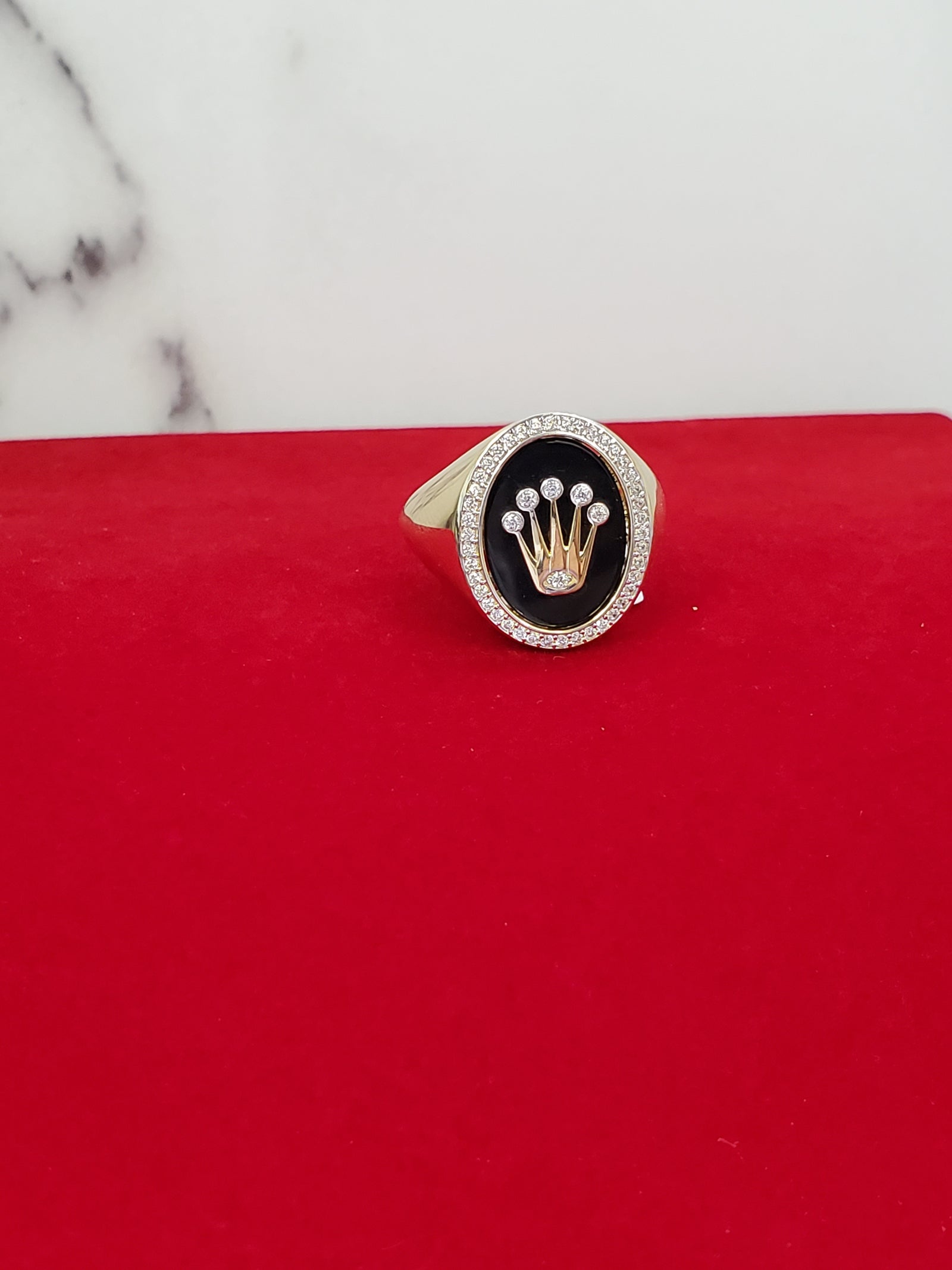 10K Solid Yellow Gold Cz Oval Black Onyx Crown Men's Ring