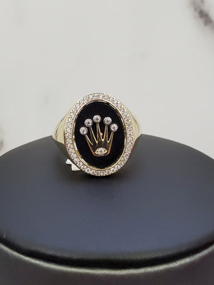 10K Solid Yellow Gold Cz Oval Black Onyx Crown Men's Ring