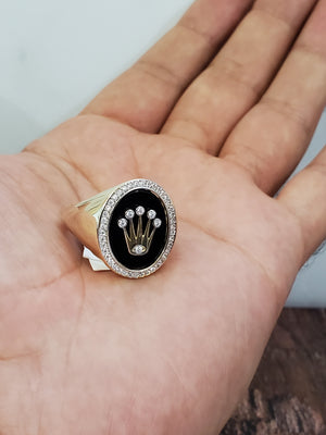 10K Solid Yellow Gold Cz Oval Black Onyx Crown Men's Ring