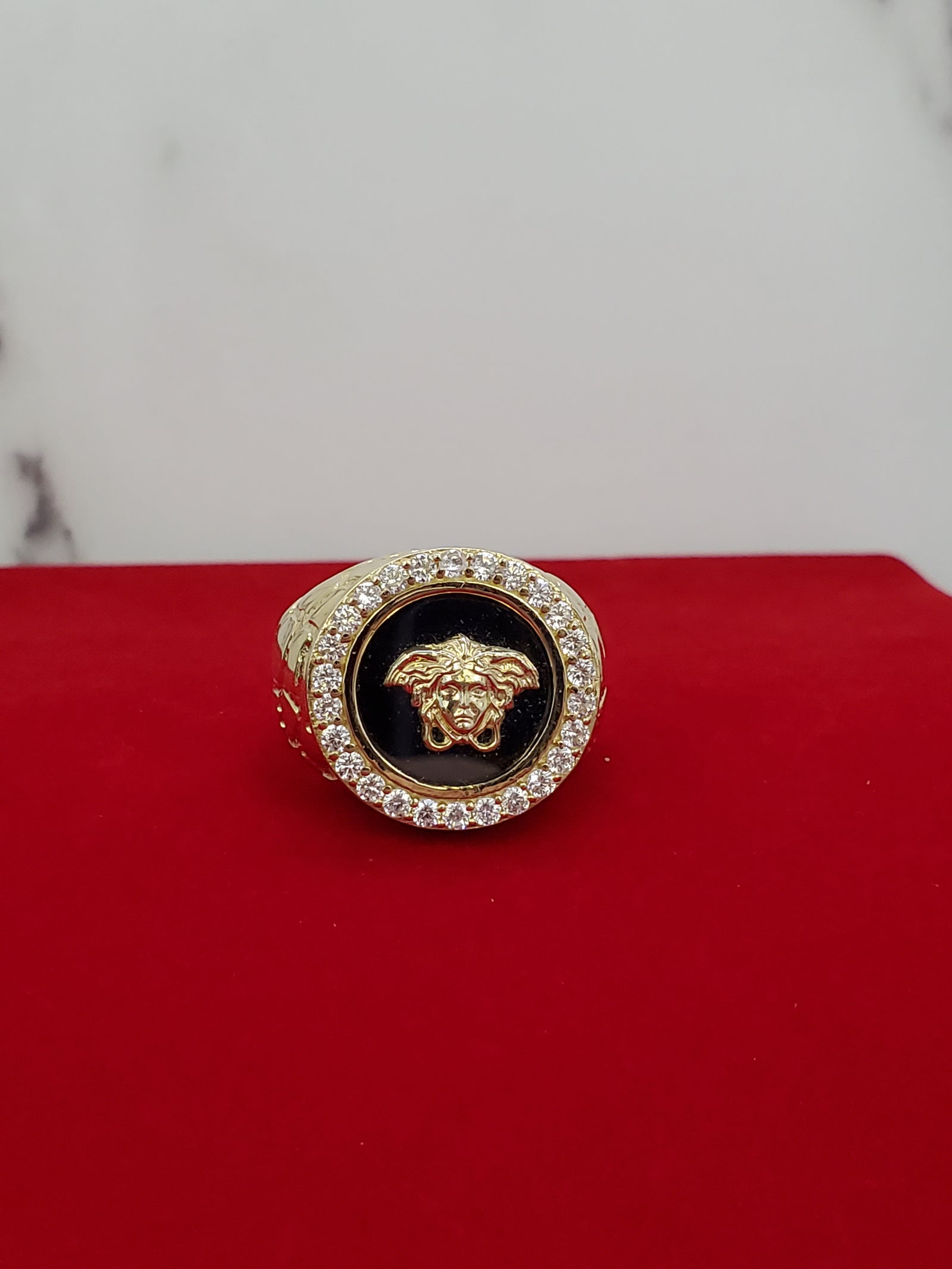 10K Solid Yellow Gold Round Black Onyx Logo Cz Men's Ring
