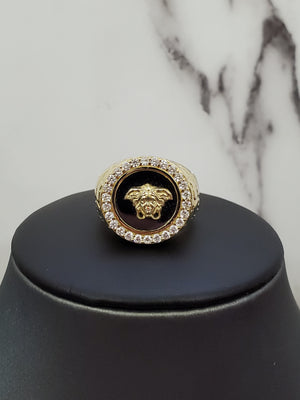 10K Solid Yellow Gold Round Black Onyx Logo Cz Men's Ring