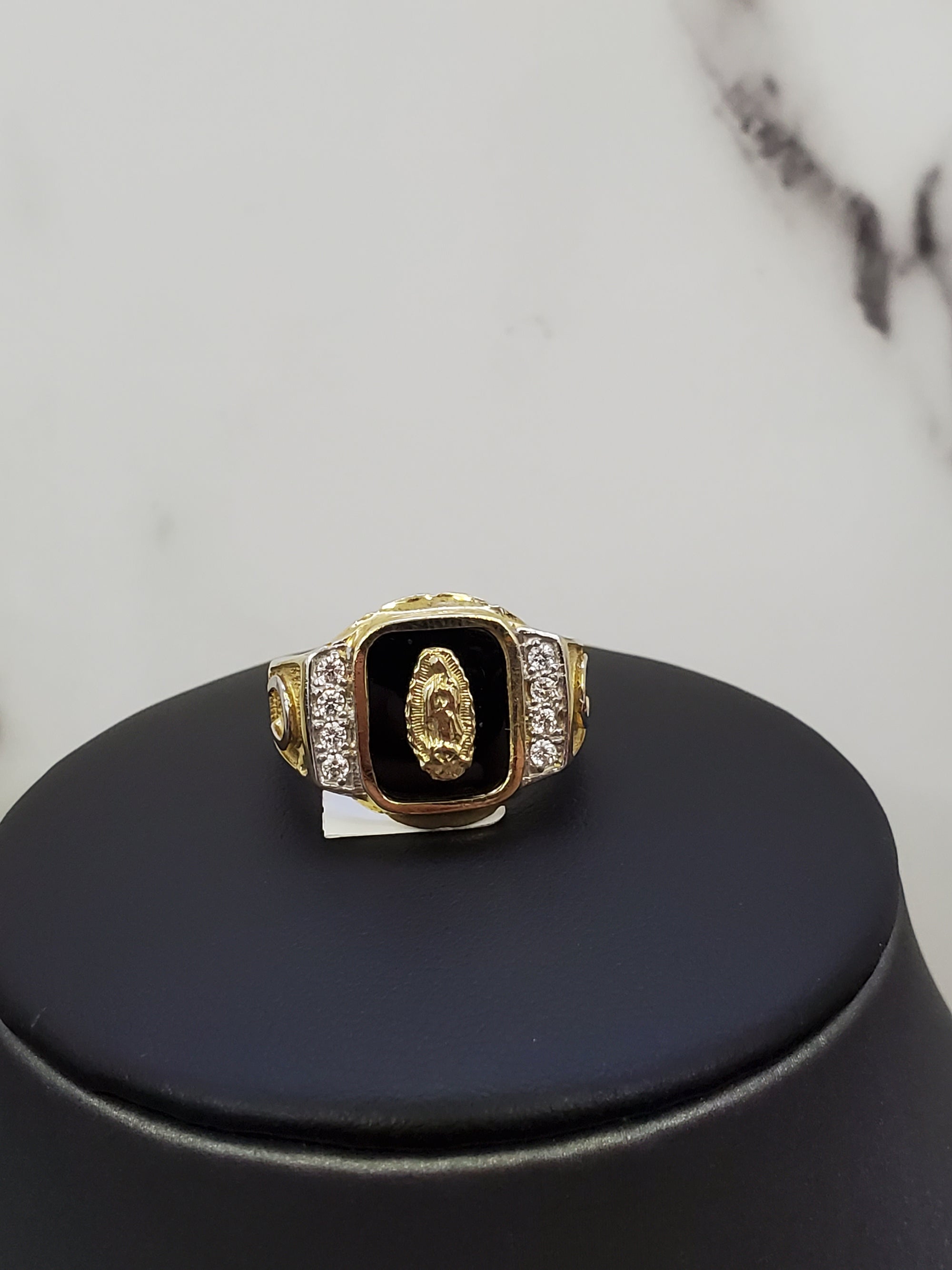 10K Solid Yellow Gold Mother Mary Black Onyx Cz Men's Ring