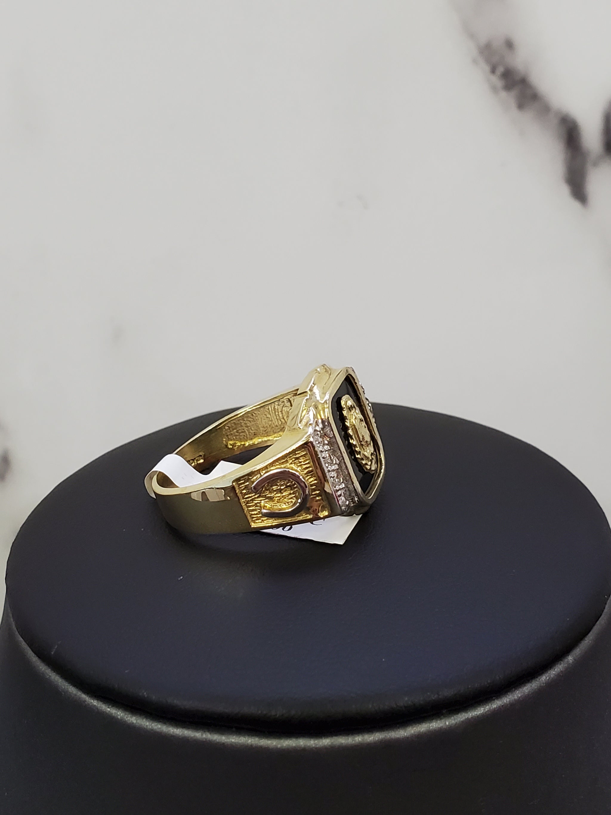 10K Solid Yellow Gold Mother Mary Black Onyx Cz Men s Ring Gold