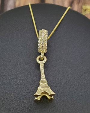 10K Solid Real Yellow Gold Eiffel Tower Cz Pendant Charm with Box Chain