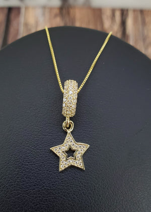 10K Solid Real Yellow Gold Cz Star Pendant Charm with Box Chain