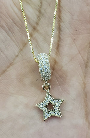 10K Solid Real Yellow Gold Cz Star Pendant Charm with Box Chain