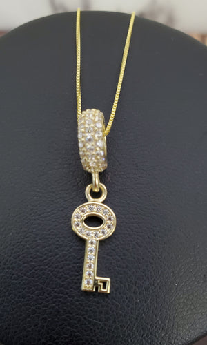 10K Solid Real Yellow Gold Cz Key Pendant Charm with Box Chain