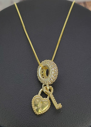 10K Solid Real Yellow Gold Cz Key Heart Pendant Charm with Box Chain