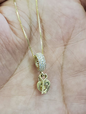 10K Solid Real Yellow Gold Cz Key Heart Pendant Charm with Box Chain