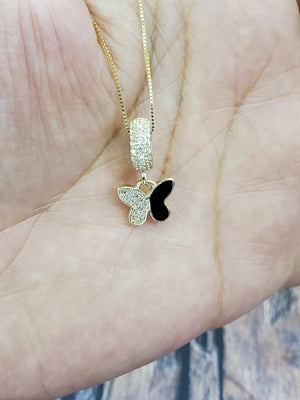 10K Solid Real Yellow Gold Cz Butterfly Pendant Charm with Box Chain