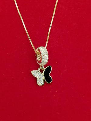 10K Solid Real Yellow Gold Cz Butterfly Pendant Charm with Box Chain
