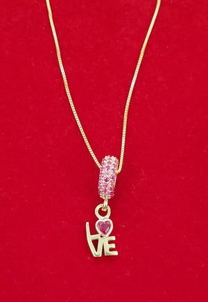10K Solid Real Yellow Gold Cz LOVE Pendant Charm with Box Chain