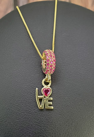 10K Solid Real Yellow Gold Cz LOVE Pendant Charm with Box Chain