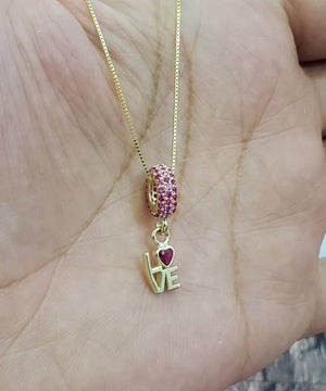 10K Solid Real Yellow Gold Cz LOVE Pendant Charm with Box Chain
