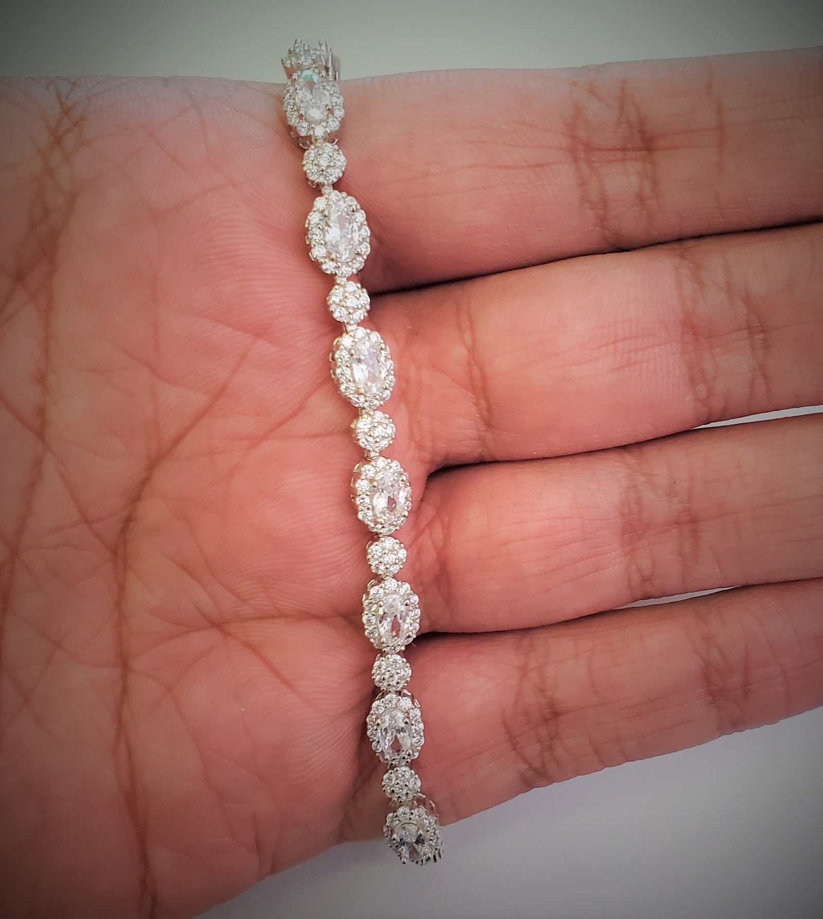 925 Sterling Silver Oval Shape Clear CZ Link Tennis Bracelet