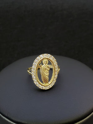 10K Solid Yellow Gold Cz Saint Jude Round Ring For Women