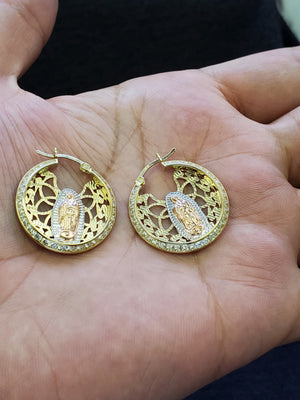 10K Solid Yellow Gold Cz Mother Mary Earrings for Girls Womens