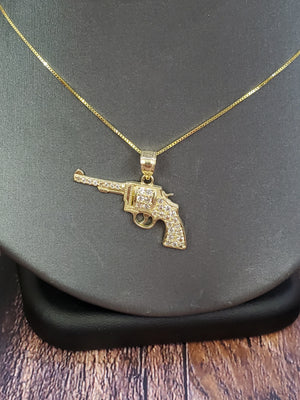 10K Solid Real Yellow Gold Cz Gun Pendant Charm with Box Chain