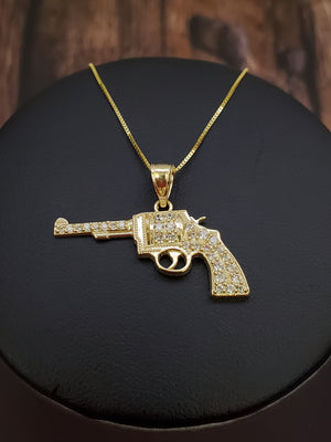 10K Solid Real Yellow Gold Cz Gun Pendant Charm with Box Chain