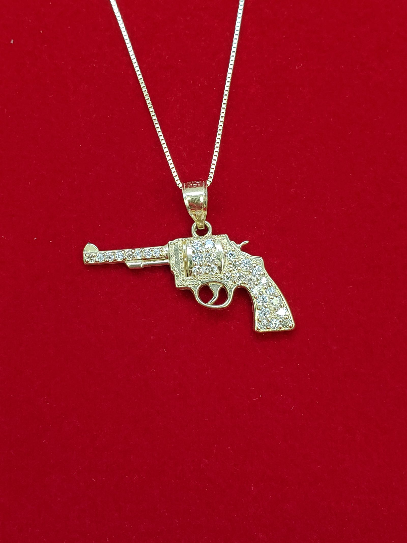 10K Solid Real Gold Cz Gun Pendant Charm with Box Chain