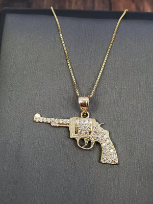 10K Solid Real Yellow Gold Cz Gun Pendant Charm with Box Chain