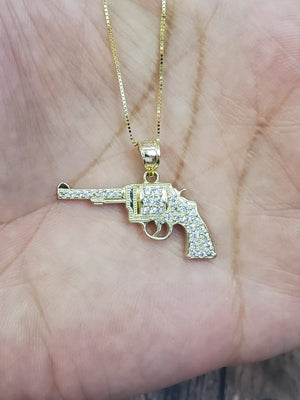10K Solid Real Yellow Gold Cz Gun Pendant Charm with Box Chain