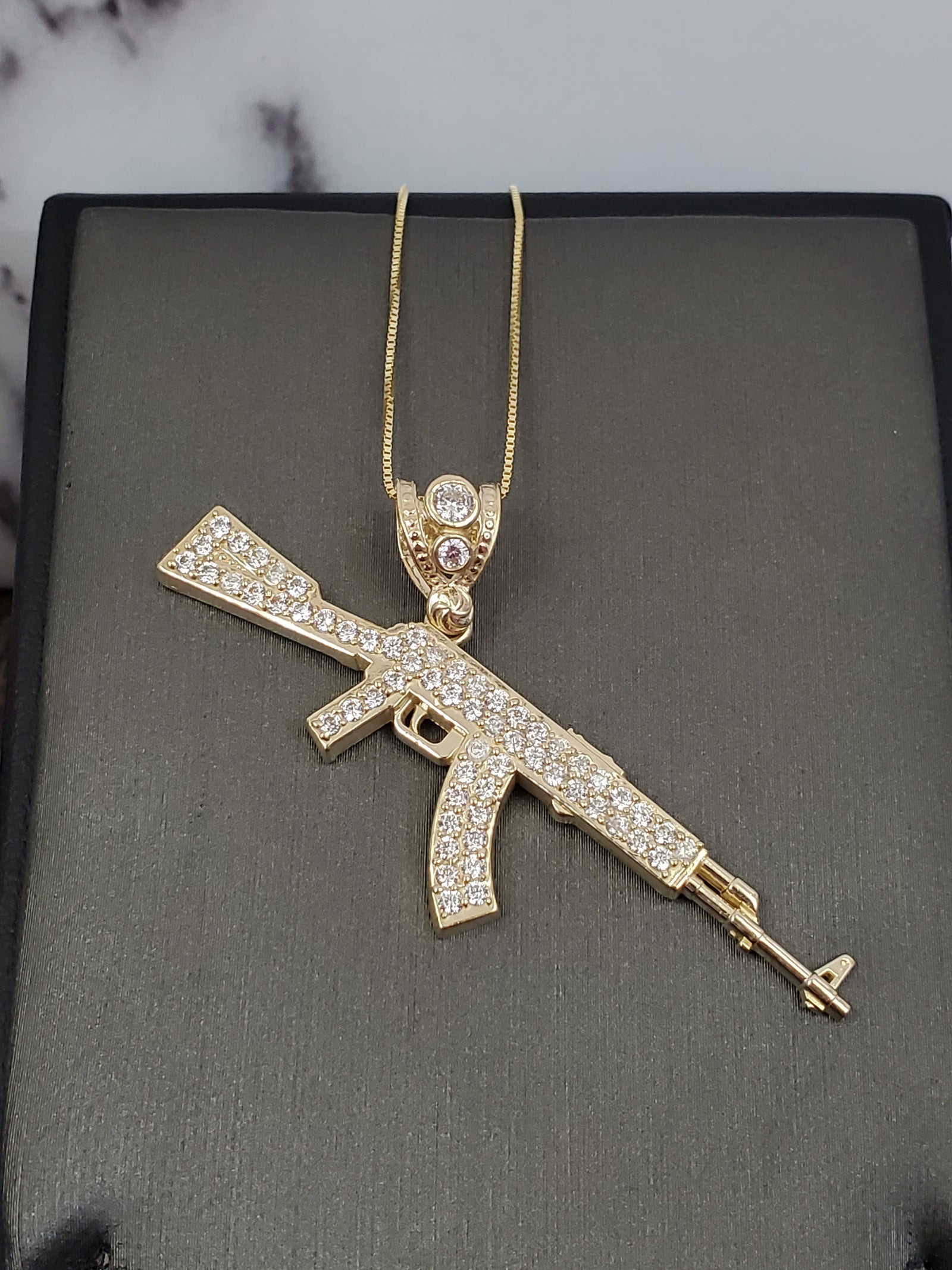 10K Solid Real Yellow Gold Cz Gun Pendant-Charm with Box Chain