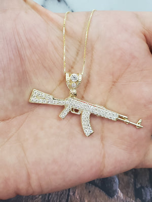 10K Solid Real Yellow Gold Cz Gun Pendant Charm with Box Chain