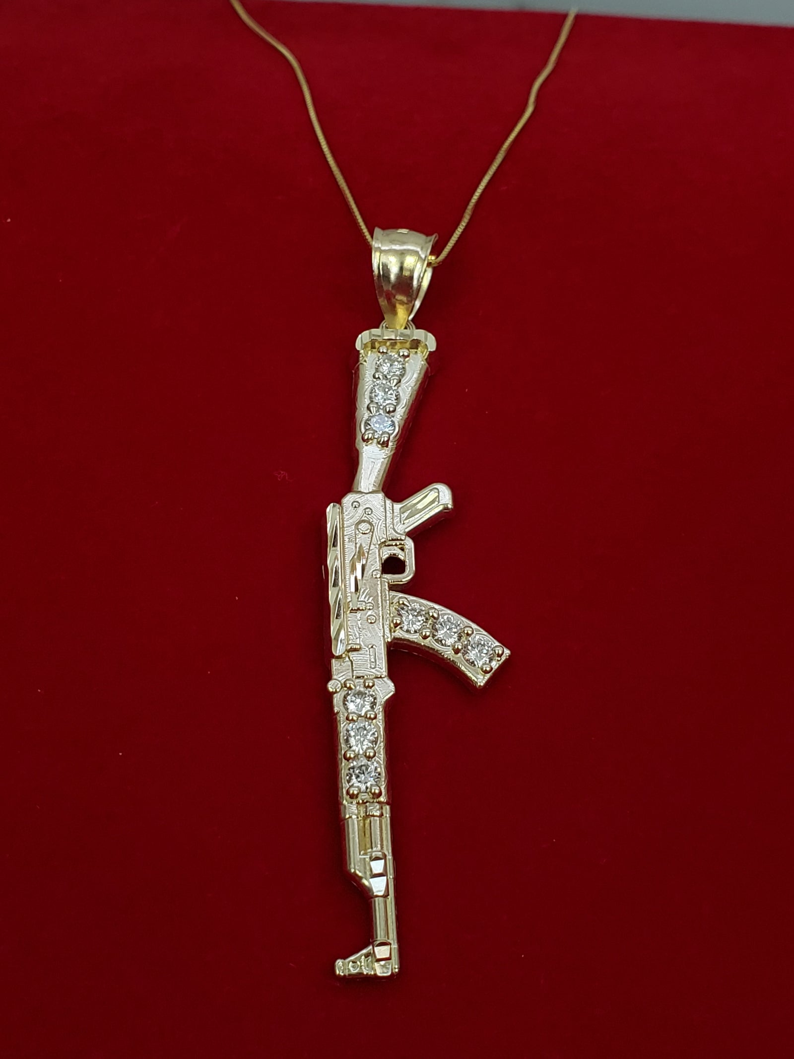10K Solid Real Yellow Gold CZ Gun Pendant Charm with Box-Chain