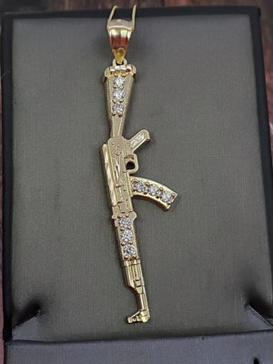10K Solid Real Yellow Gold Cz Gun Pendant Charm with Box Chain
