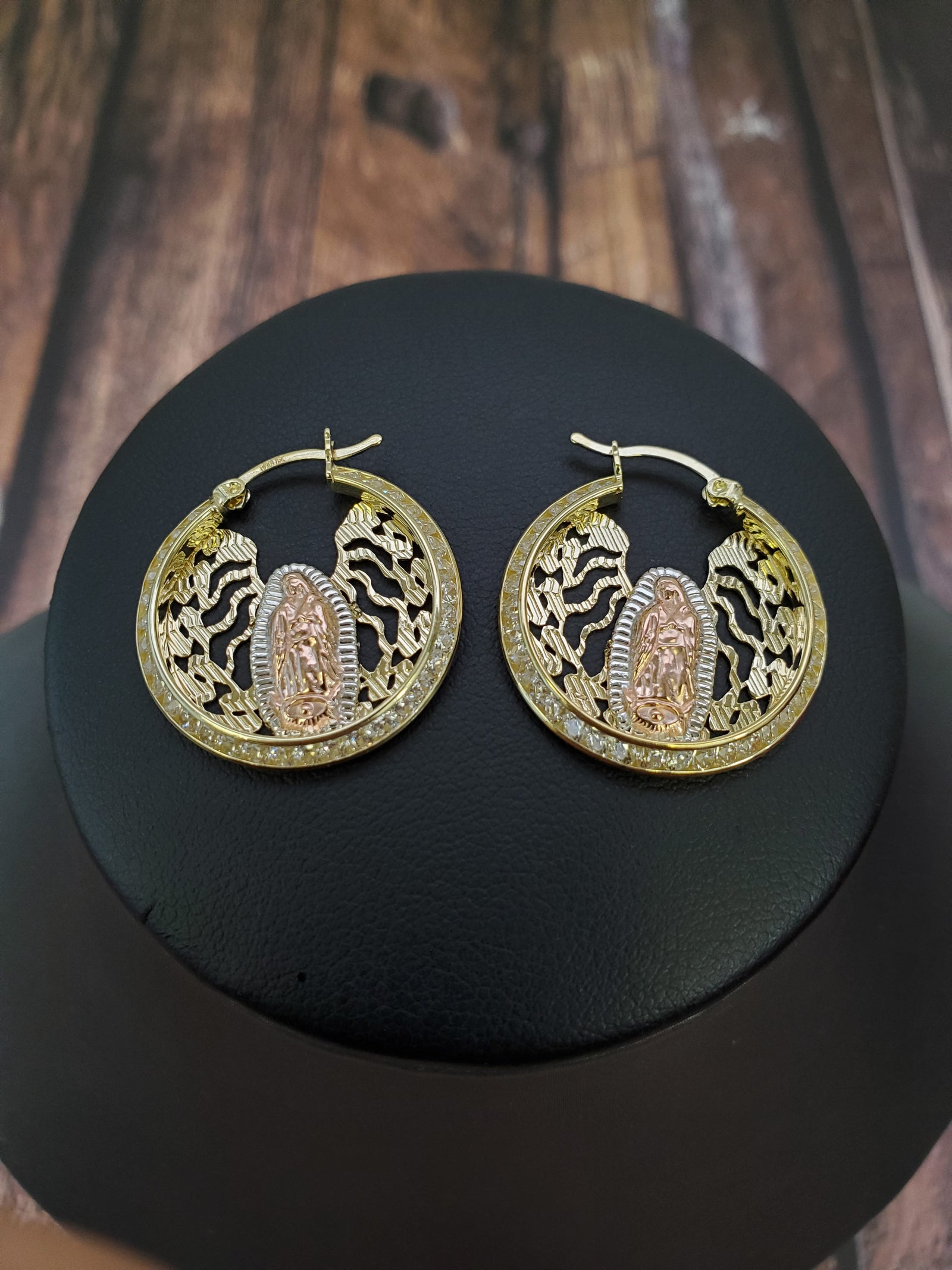10K Solid Yellow Gold Cz Mother Mary Earrings for Girls Womens