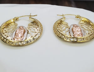 10K Solid Yellow Gold Cz Mother Mary Earrings for Girls Womens