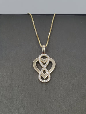 10K Solid Real Yellow Gold Heart Cz Infinity Pendant Charm with Box Chain