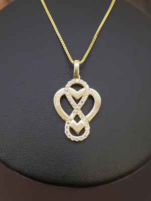 10K Solid Real Yellow Gold Heart Cz Infinity Pendant Charm with Box Chain