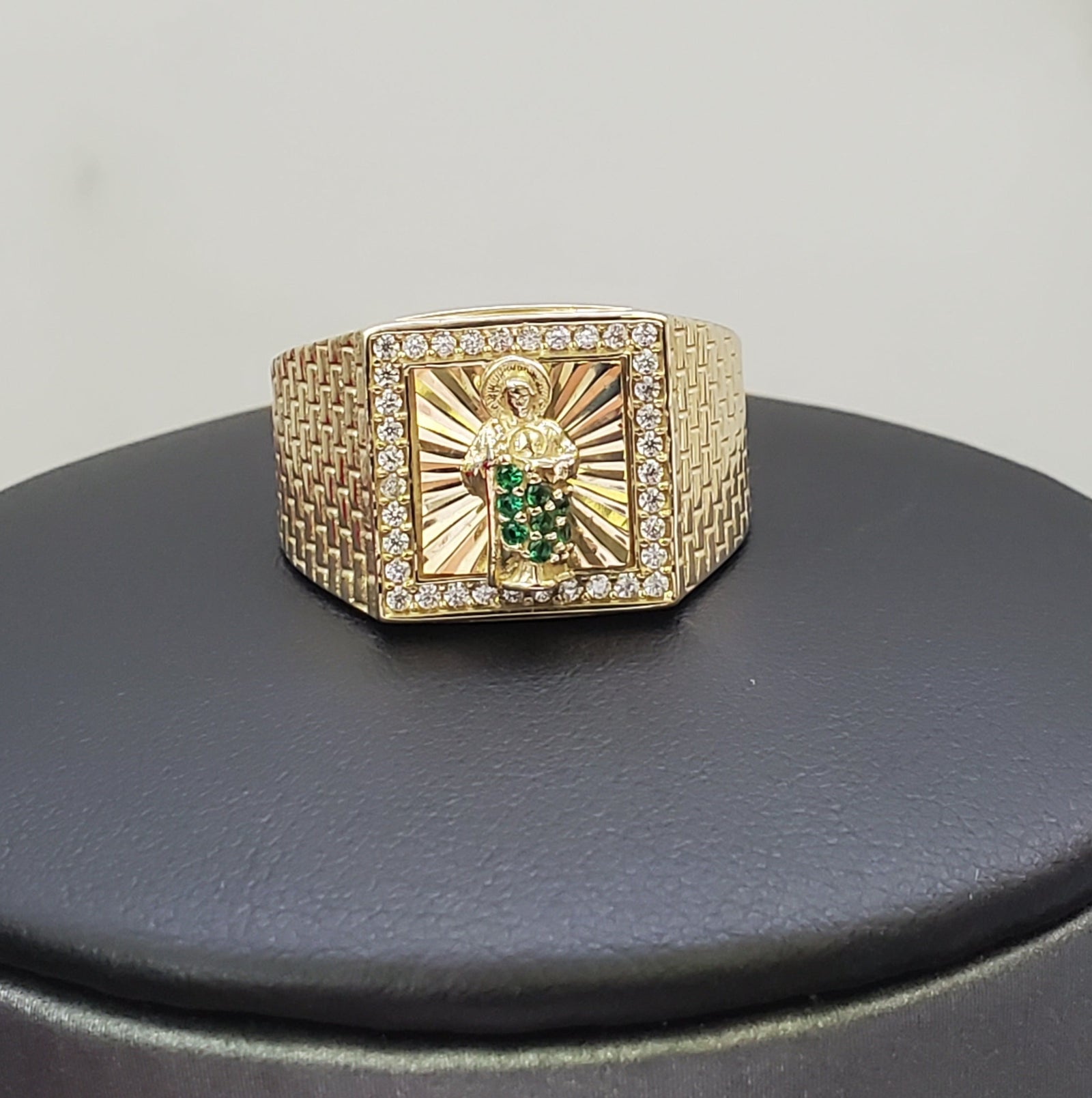 10K Solid Yellow Gold Saint Jude CZ Square Shape Men's Ring