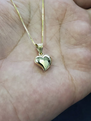 10K Solid Real Yellow Gold Heart Pendant Charm with Box Chain