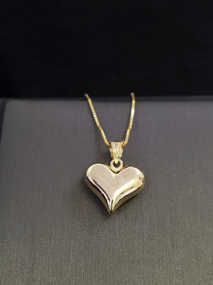 10K Solid Real Yellow Gold Heart Pendant Charm with Box Chain