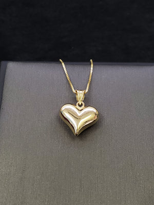 10K Solid Real Yellow Gold Heart Pendant Charm with Box Chain