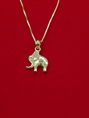 10K Solid Real Yellow Gold Elephant Pendant Charm with Box Chain