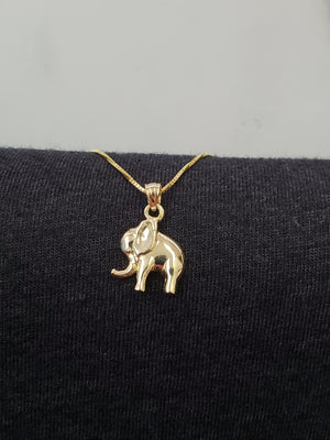 10K Solid Real Yellow Gold Elephant Pendant Charm with Box Chain